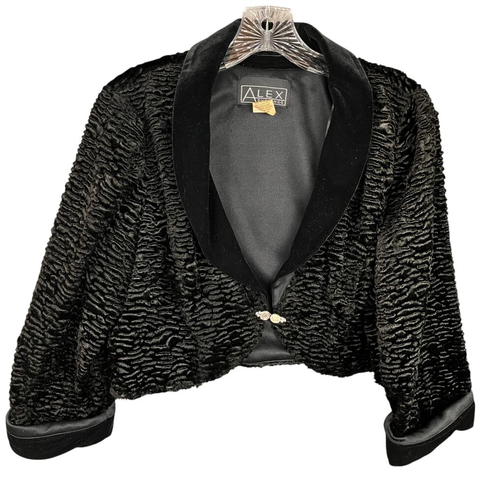 Vintage Alex Evenings Black Faux Persian Lamb Jacket Cropped Shrug Size XL